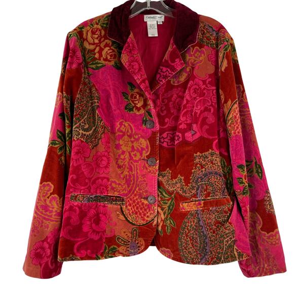 Coldwater Creek Pink Floral Velvet Blazer Jacket Women's Large Career Wear Boho - Picture 1 of 12